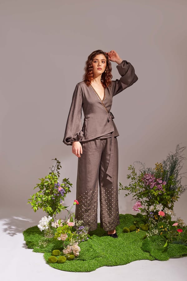 Dark Grey Angrakha Wrap Shirt and Pants Co-ord Set — An'era by Asmita Verma