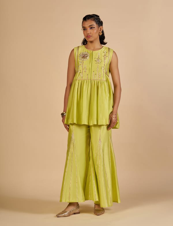Lime Green Chanderi Gharara-Style Flared Trousers — Gulabo by Abu Sandeep