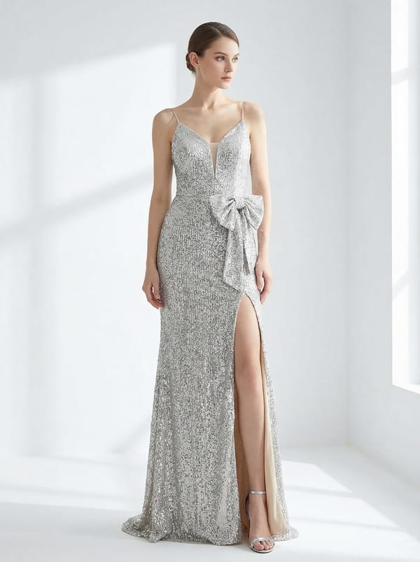 Silver Sequin Maxi Gown with Front Bow and Slit — EXPLOSION