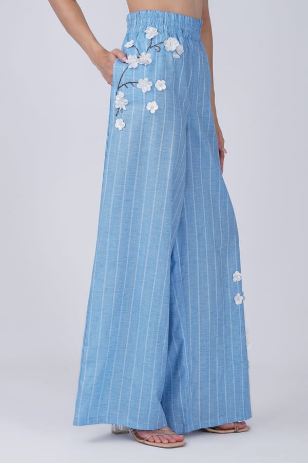 Sky Blue Wide-Leg Cotton Trousers with Floral Appliqué — KIHIKI