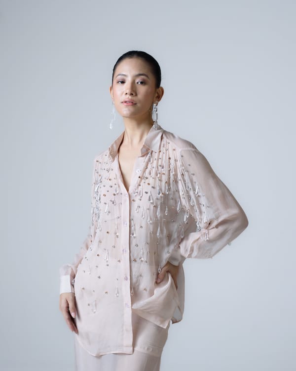 Powder Pink Embellished Organza Button-Down Shirt — MAGIA
