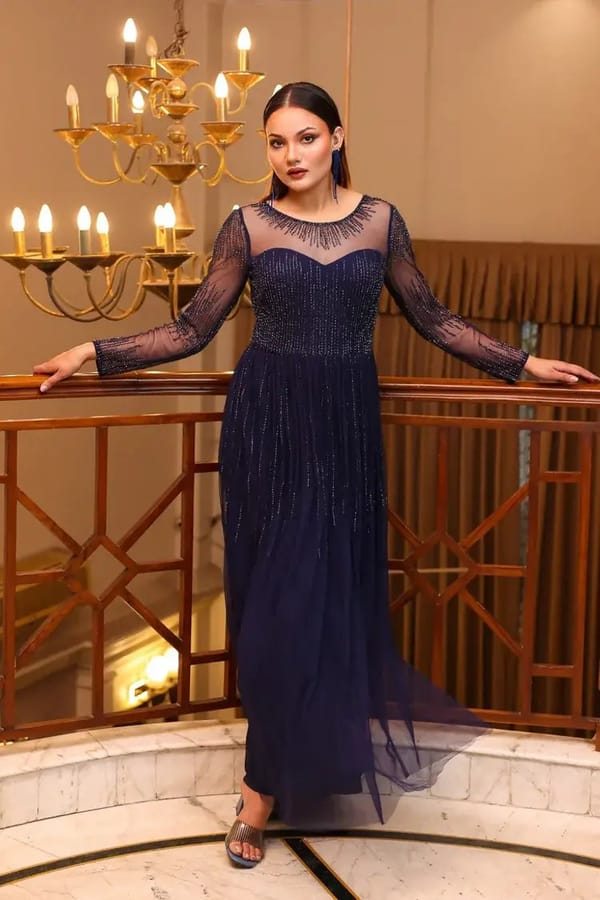Navy Sheer-Yoke Gown — EDITION II