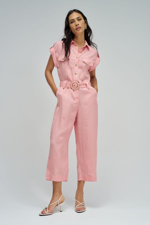 Medium Pink Light Denim Button-Front Belted Jumpsuit — SALSA JEANS