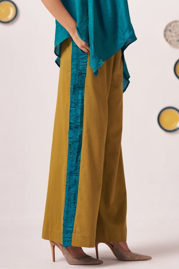 Gold with Teal Side Ruching Trouser — Western Era