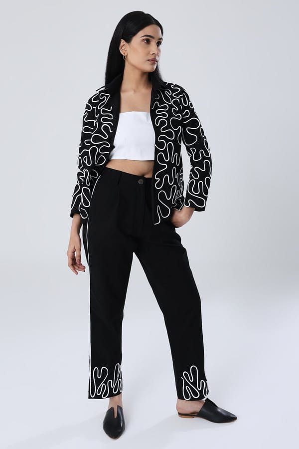 Black Blazer and Straight Pants Co-ord Set with Dori Detail — SHIBUI