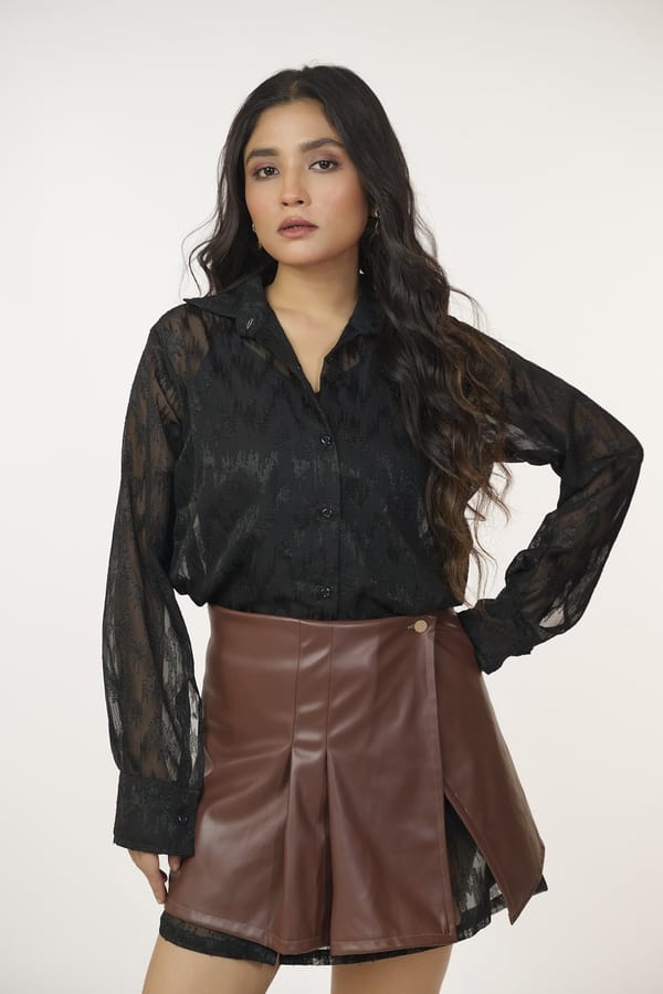Black Shirt Dress with Brown Wrap Skirt Layer Set — 9899