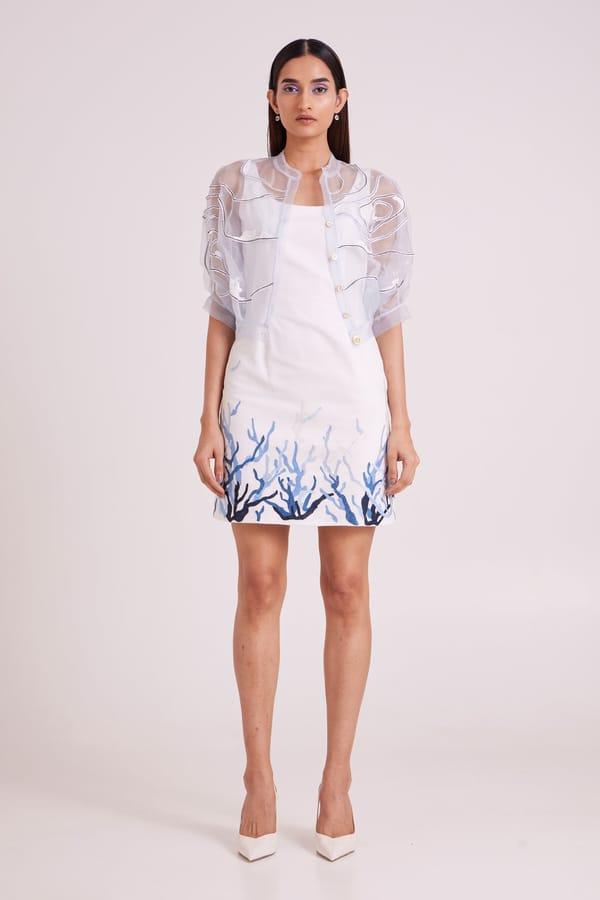 Ivory Denim Mini Dress with Blue Hem Motif and Sheer Bolero — Madder Much