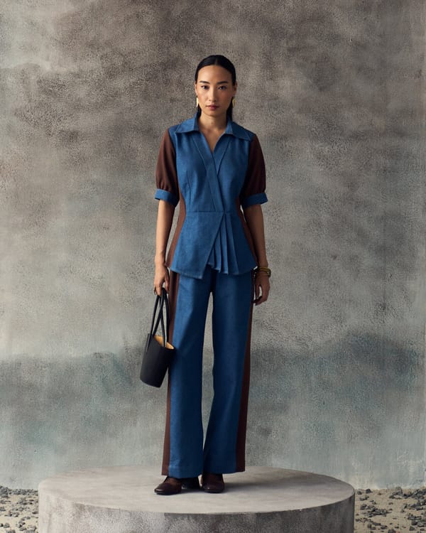 Brown and Denim Blue Colorblock Co-ord Set — Aruni