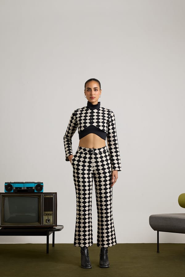 Black Checked Crochet Crop Top and Bootcut Pants Co-ord Set — Muvazo