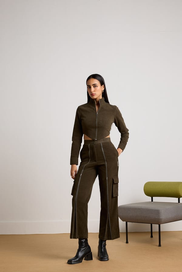 Olive Corduroy Zipper Co-ord Set with Corset Top — Muvazo