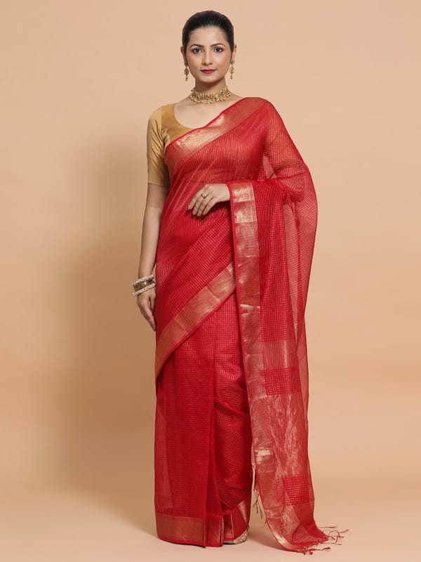 Golden Zari Red Check Saree Tyohaar — BINKS