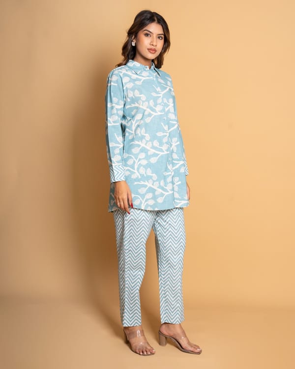 Ice Blue Digital Print Cotton Linen Co-ord Set (Set of 2) — Kameez