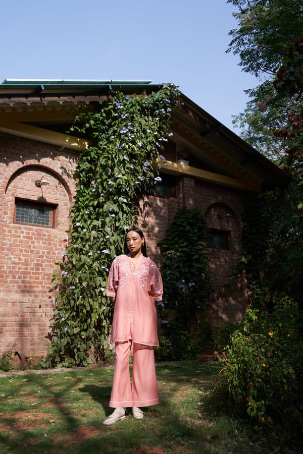 Peach Embroidered Kurta and Wide-Leg Pants Co-ord Set — NIRVAIR CLOTHING