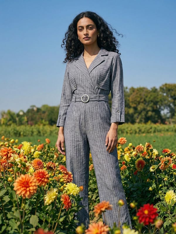Cobalt Blue Pinstripe Belted Lapel Collar Jumpsuit — HOUSE OF FETT