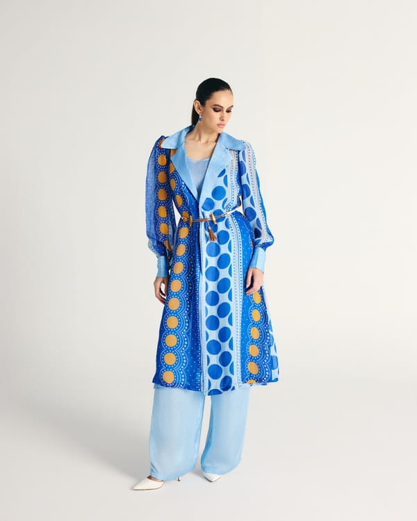Blue Printed Trench Co-ord Set with Belt — Kamaali Pret