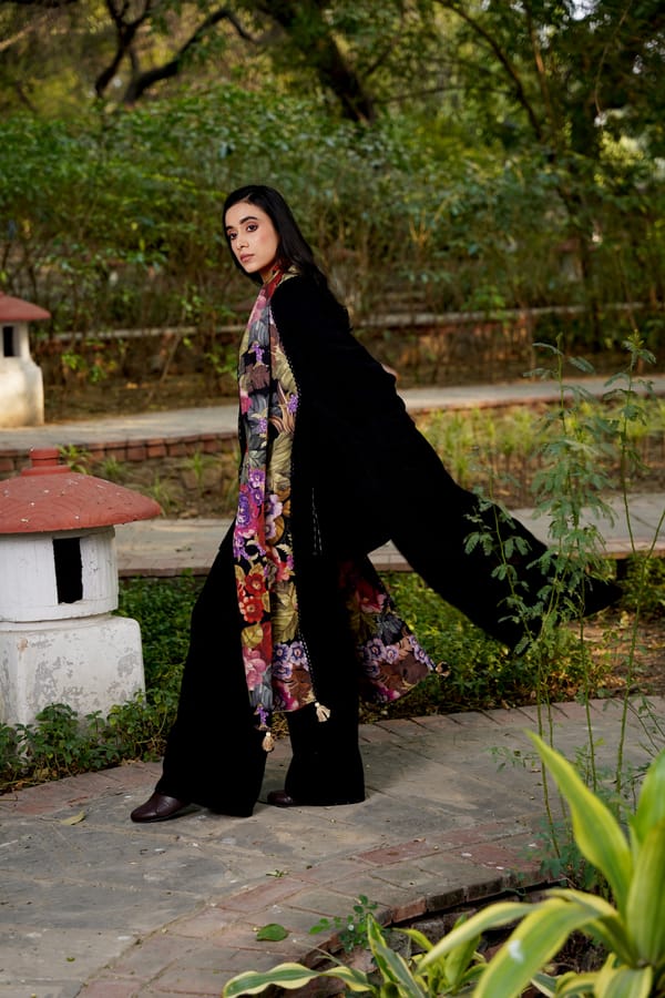 Black Merino Wool Cape Overlay with Floral Shawl Collar — Moh India