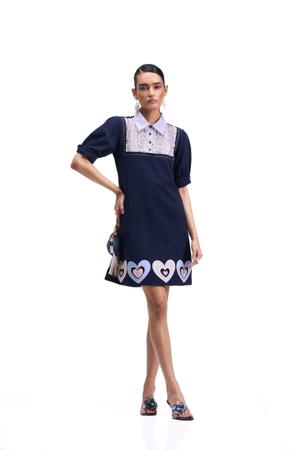 Navy Banana Crepe Mini Dress with Lace Bib and Heart Hem — Our Love