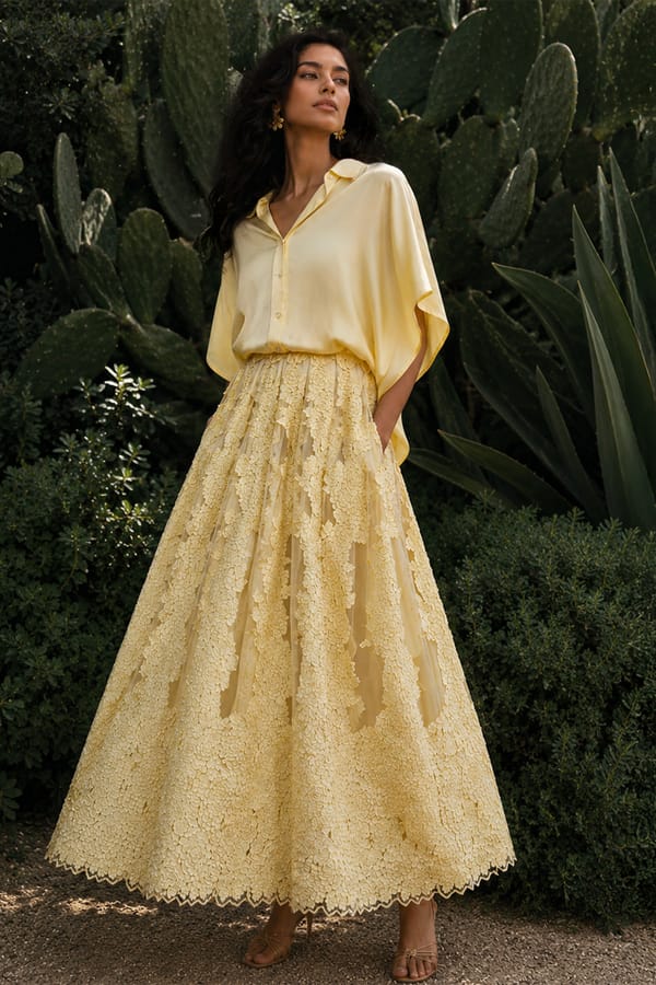 Butter Yellow Satin Shirt and Lace Appliqué Midi Skirt Set — Dash and Dot