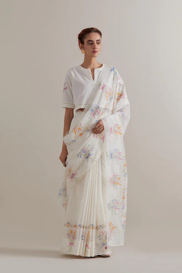 Off-White Pastel Floral Printed Saree with Blouse Piece — Upavita