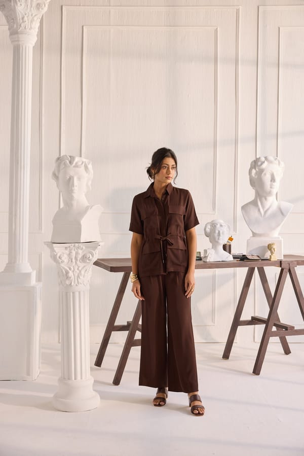 Brown Crepe Utility Shirt and Wide-Leg Pants Co-ord Set — Shivya K