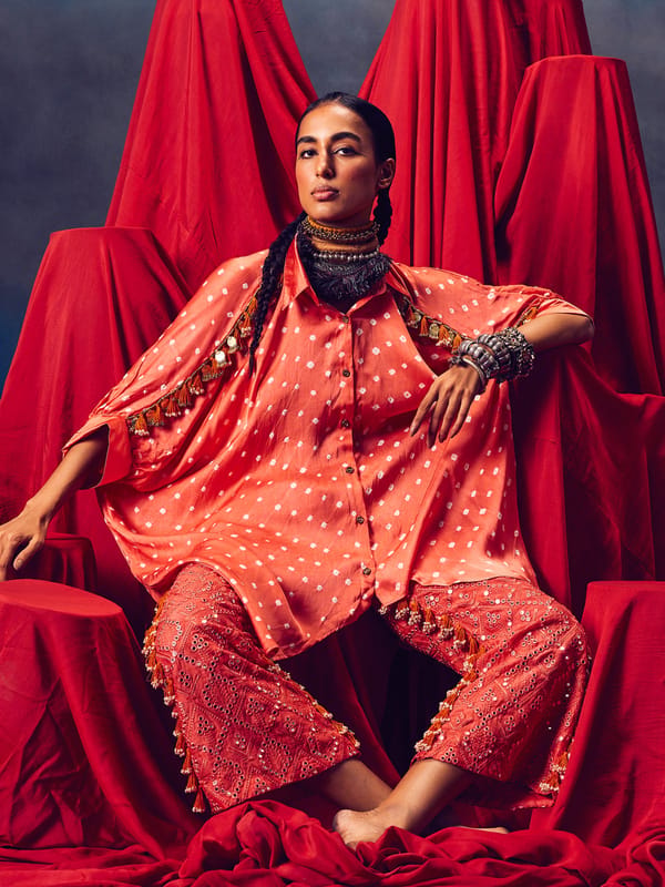 Peach Modal Satin Bandhani Shirt and Pants Co-ord Set — 5 Elements