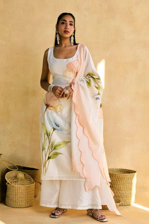 White Floral Embroidered Sleeveless Kurta Set with Dupatta — Lea Clothing