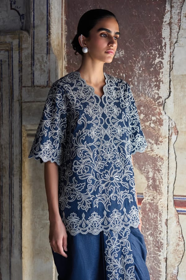 Metallic Thread Embroidered Scalloped Denim Top — Dash and Dot