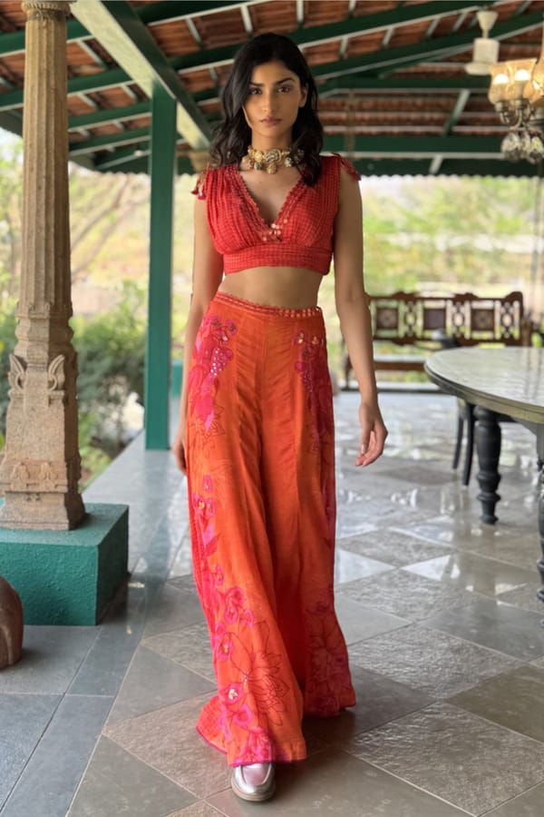 Orange Chiffon Crop Top and Flared Pants Co-ord Set — Basil Leaf