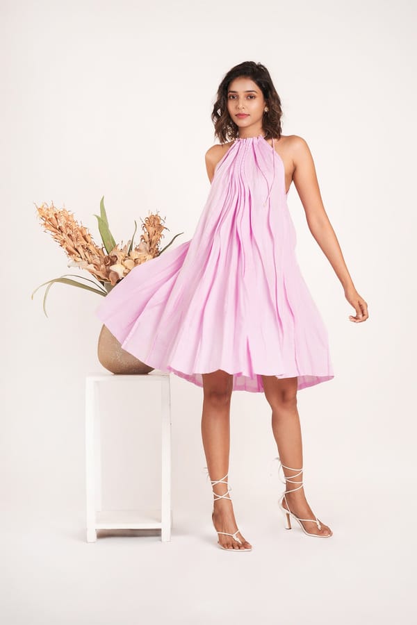 Lavender Halter Neck Pleated Knee-Length Swing Dress — 9899