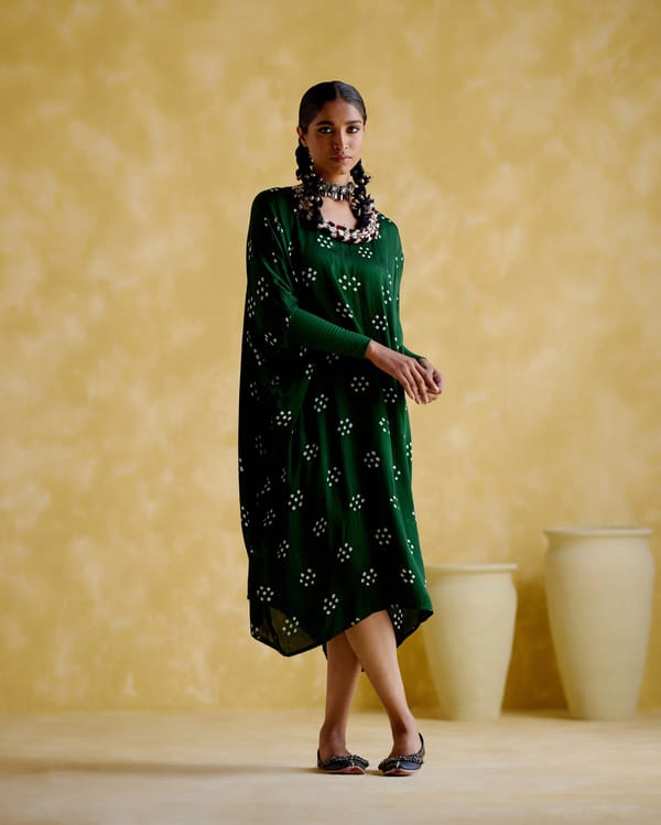 Green Bandhani Kaftan with Embellished Neckline — 5 Elements