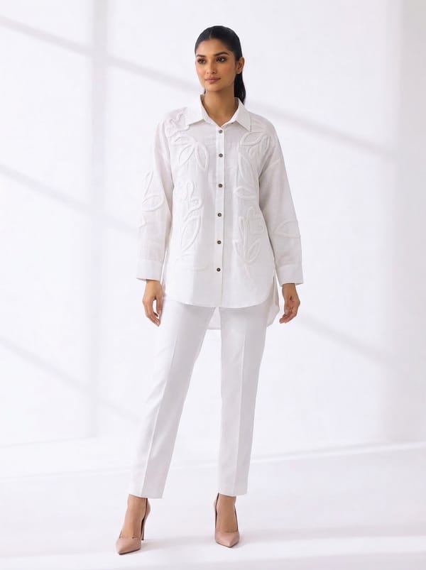 White Tonal Leaf Applique Button-Down Shirt — AYRISS