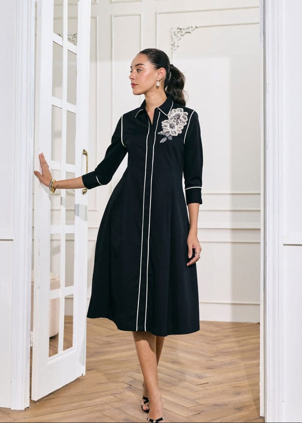 Black Midi Shirt Dress with Contrast Piping and Embroidery — Style Island
