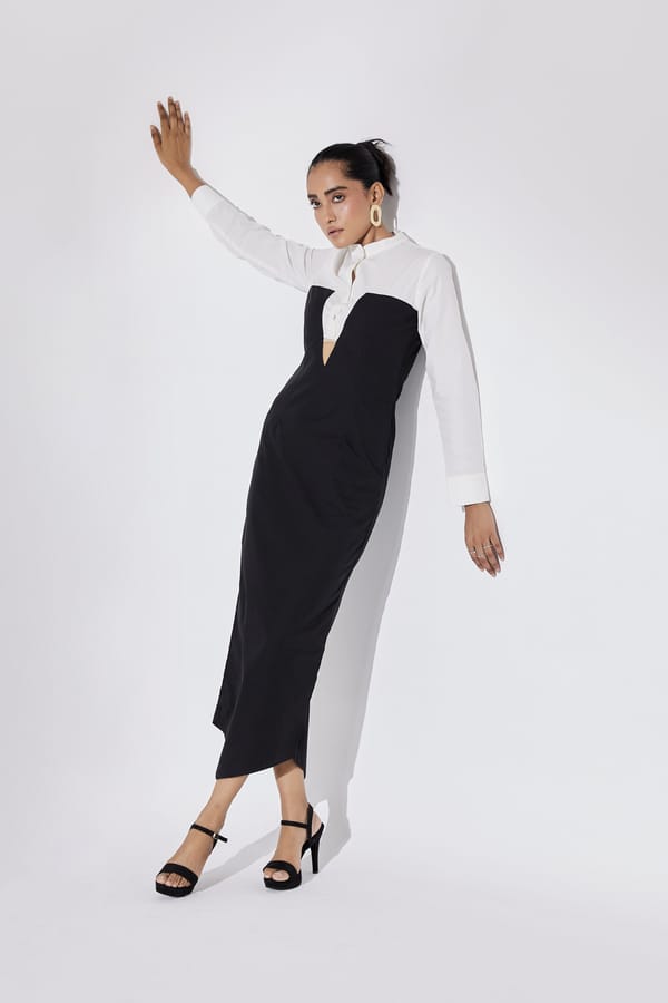 Black and White Colorblock Mandarin Collar Midi Dress — AAMILI