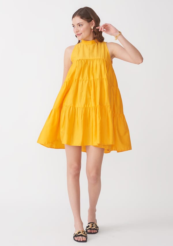 Yellow Tiered Halter Neck Mini Dress — AMOSHI