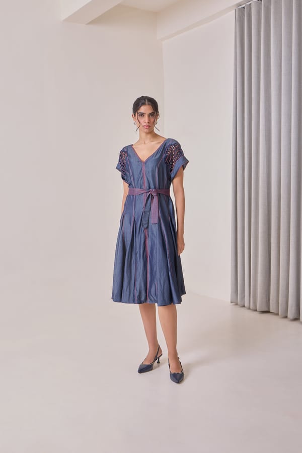 Indigo Tencel Denim Fit and Flare Midi Dress with Belt — Needle Ten