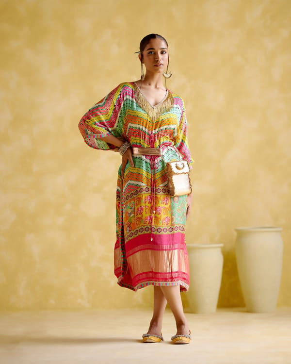 Multicolour Printed Modal Satin Kaftan with Tassel V-Neck — 5 Elements