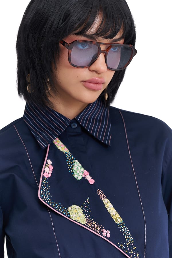 Navy Cotton Satin Shirt with Embroidered Overlap Panel — Our Love