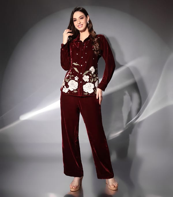 Red Velvet Applique Shirt and Trouser Co-ord Set — RUCHIKA  MALLIKA LABEL