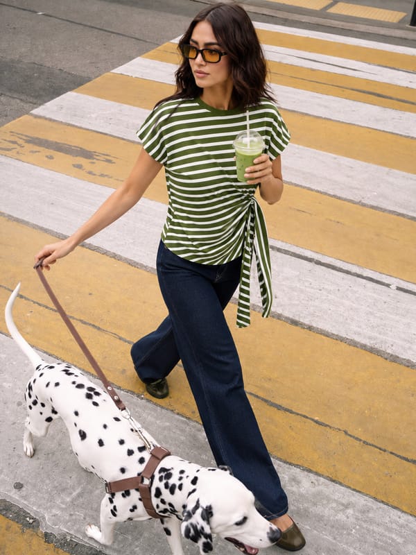 Olive Cotton Stripe Tie-Up T-Shirt — Femmella