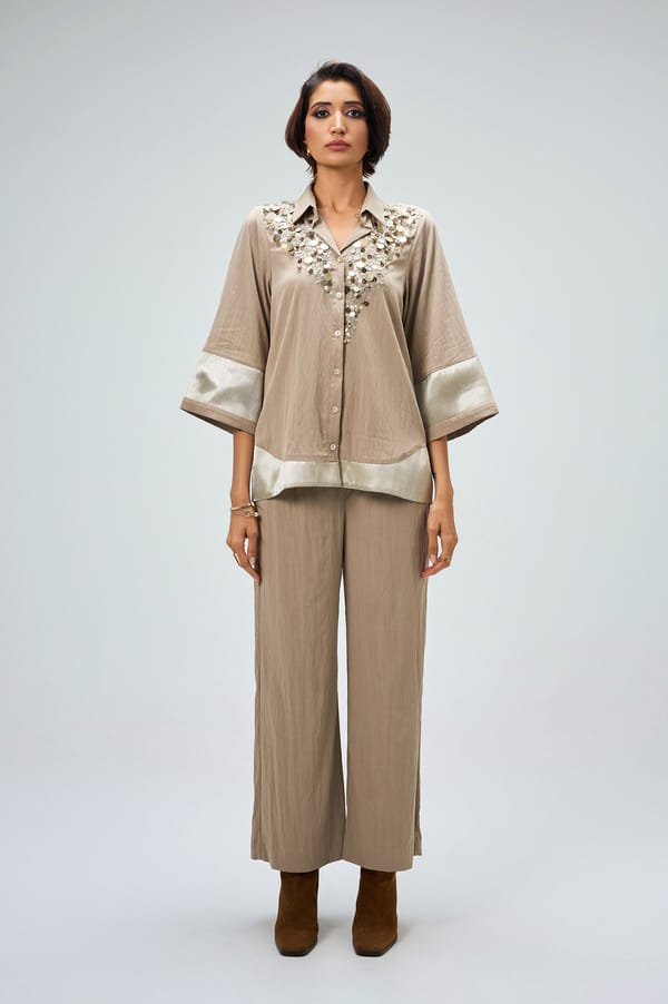 Taupe Sequin Neckline Shirt and Wide-Leg Pants Co-ord Set — KOR