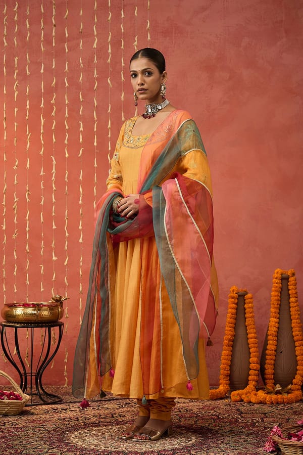Mustard Yellow Embroidered Anarkali Kurta Set — SHIVANI BHARGAVA