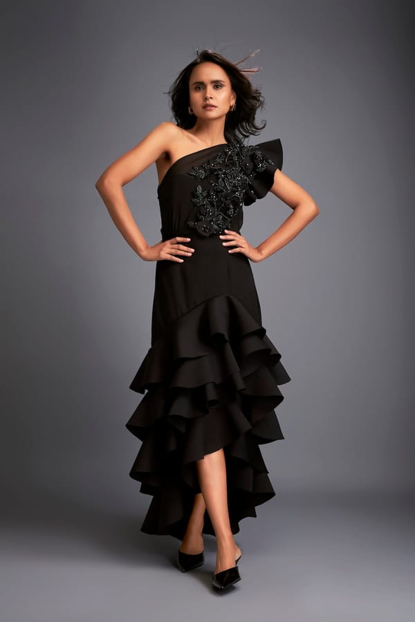 One-shoulder Swarovski Tiered Ruffle Dress — Deepika Arora