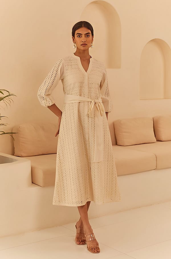 Cream Cotton Cutwork Midi Shirt Dress with Tie Belt — INCHING INDIA