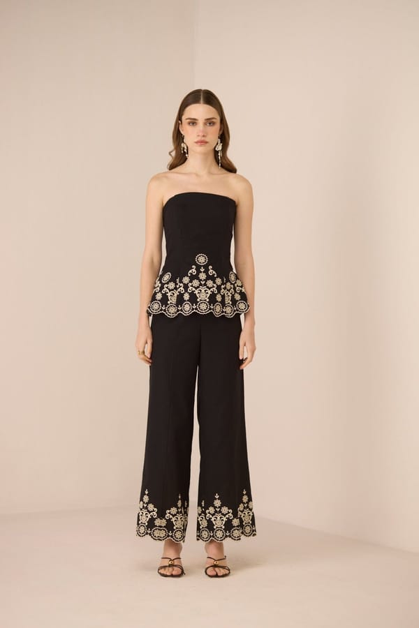 Black Wide-Leg Trousers with Embroidered Scallop Hem — Calling June