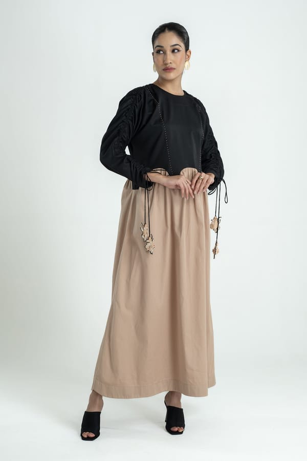 Black and Mushroom Colorblock Cotton Satin Maxi Dress — Our Love