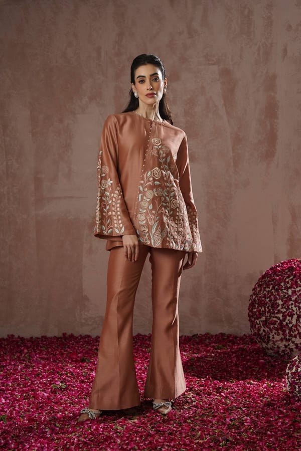 Rose Chanderi Silk Embroidered Co-ord Set with Bell Bottoms — Simar Tuli