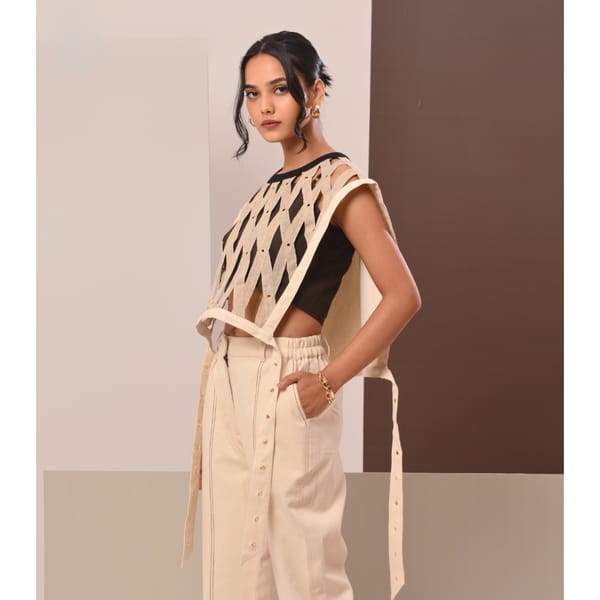 Beige and Black Open Lattice Cage Crop Top — Veera Wear