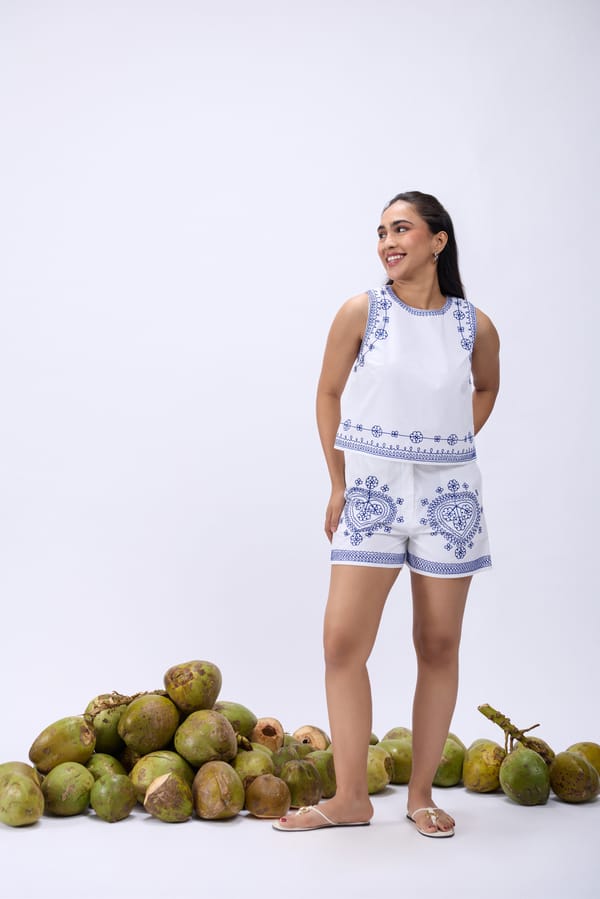 Ivory Embroidered Sleeveless Blouse and Shorts Co-ord Set — Label Ruiaan