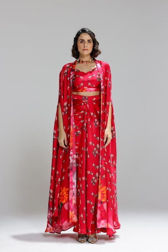 Hot Pink Floral Bustier, Draped Maxi Skirt and Shrug Set — STUDIO SURBHI