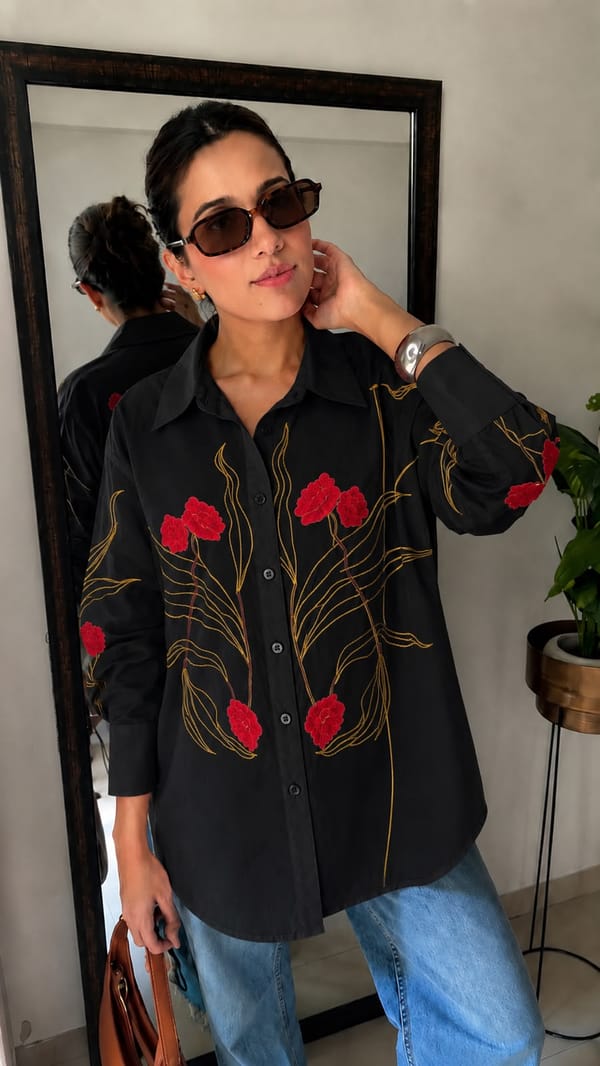 Floral Embroidered Oversized Cotton Shirt — CLOSET AFFAIR
